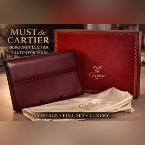 Must de Cartier Burgundy Leather Clutch w/ Box & Dust Bag | Vintage Luxury